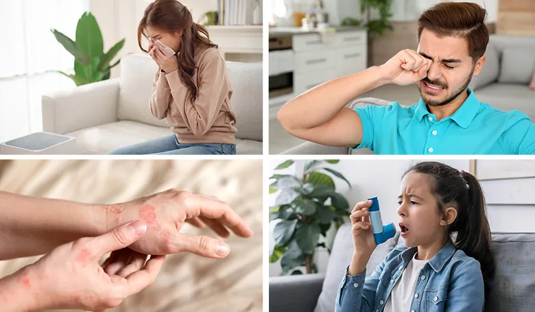 Négy fotó allergiás tünetekről: tüsszögő nő, viszkető szem, bőrkiütés, inhalátort használó gyerek