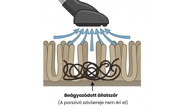 Ábra: a porszívó szívóereje szétszóródik a szőnyegszálak között, a beágyazódott állatszőrt nem éri el