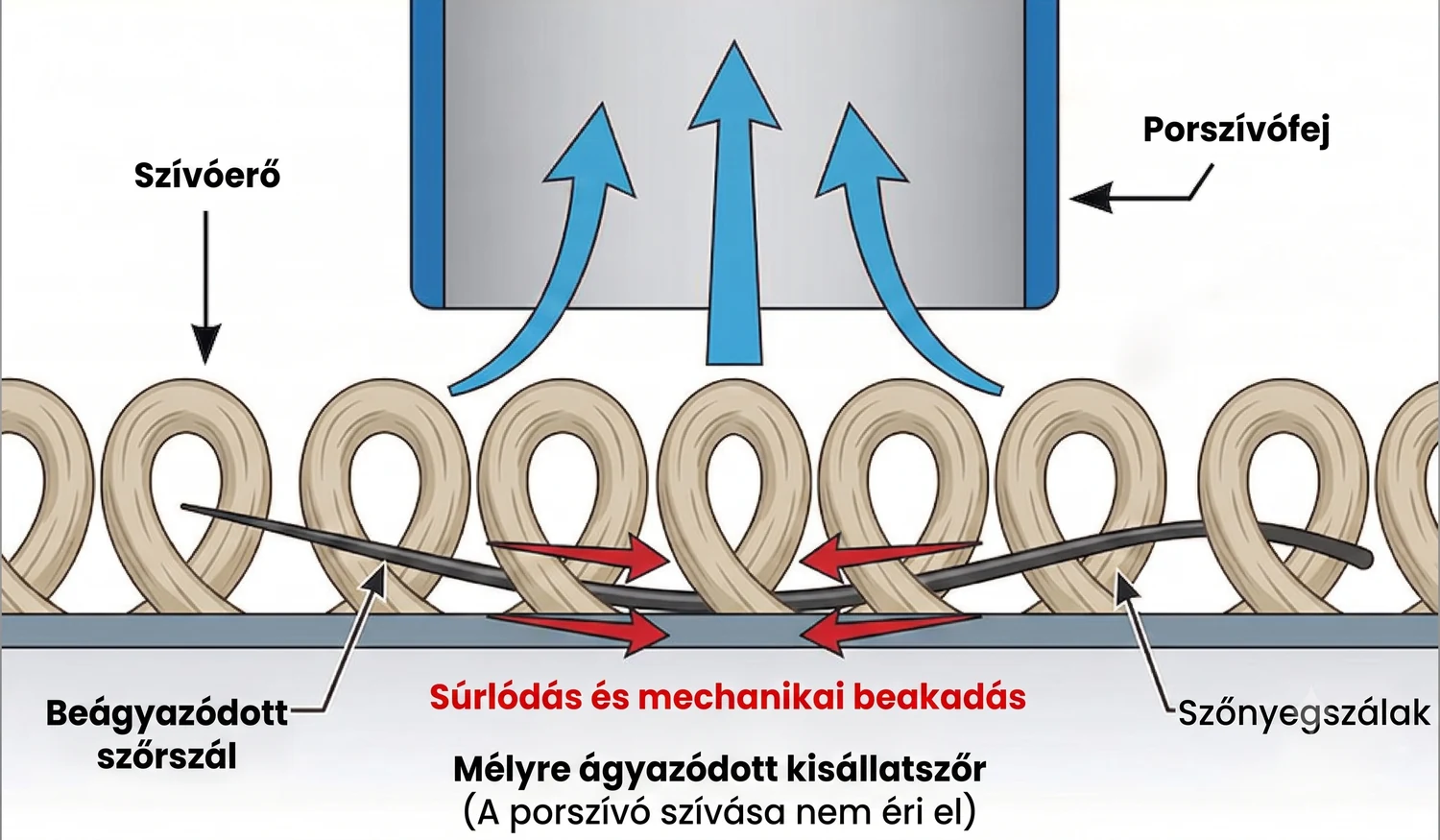Ábra: a porszívó szívóereje felfelé húz, miközben a beágyazódott szőrszál vízszintesen, súrlódással akad be a szőnyegszálak közé