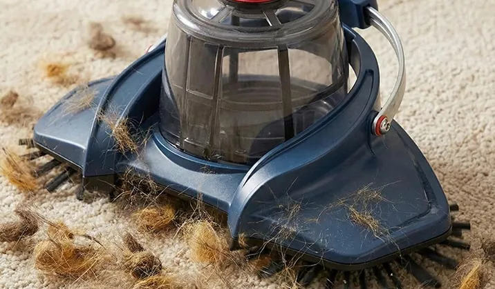 Forgókefés porszívófej a szőnyegen, körülötte szétkent szőrcsomók
