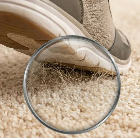 Nagyítóval kiemelt lábnyom a szőnyegen, alatta összepréselt szőr